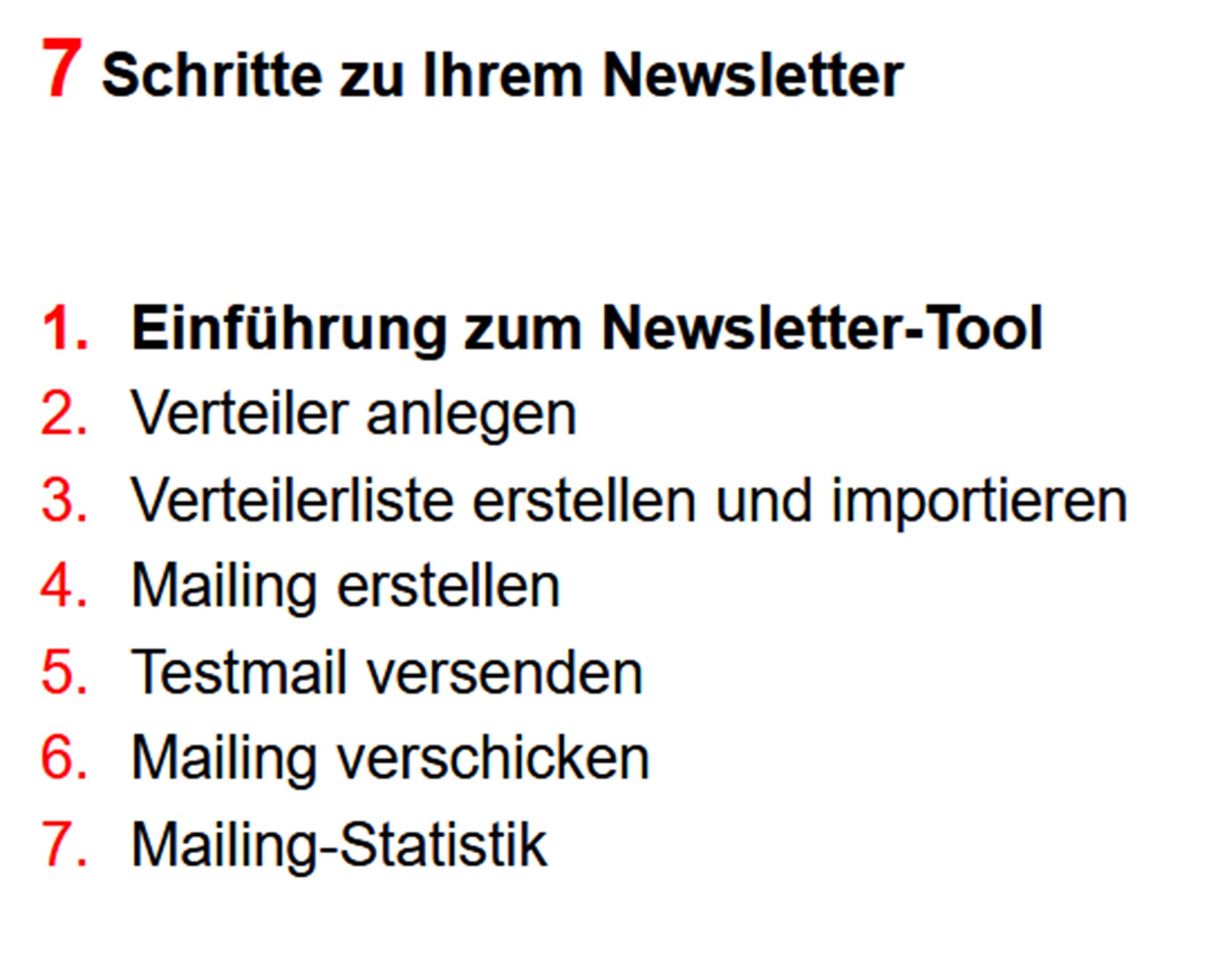 Screenshot des Inhaltsverzeichnisses der Präsentation zum Newsletter-Tool